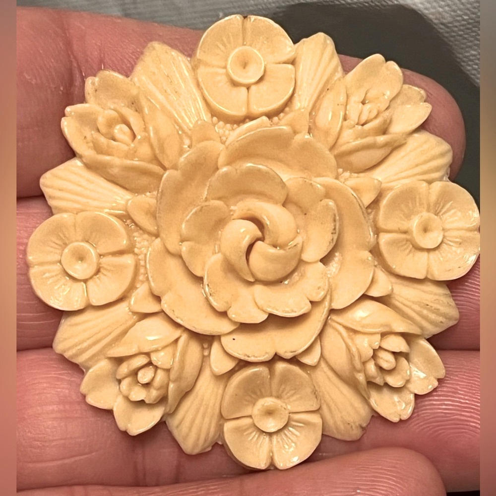 Japan carved early plastic celluloid floral brooch / pin, vintage